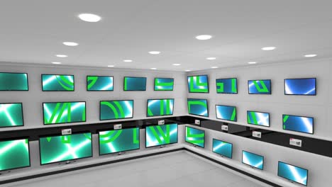 Animation-of-cyber-monday-text-displayed-across-multiple-flat-screen-tvs-in-shop-display