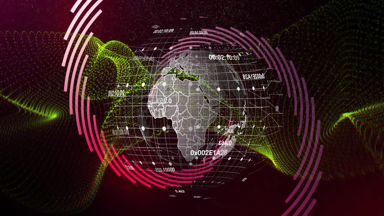 Digital globe displaying grid overlay while floating data points linking around purple radial bars
