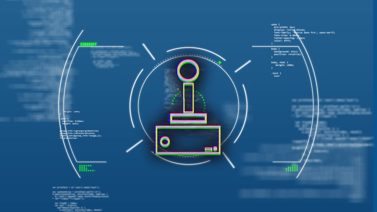 Animation of retro joystick icon with data processing, hud on digital interface
