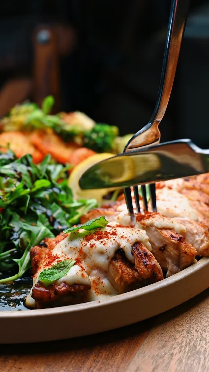 Forchetta che solleva un pezzo di salmone grigliato con salsa. Primo piano di una forchetta che solleva salmone grigliato con salsa bianca cremosa e paprika da un piatto con verdure.