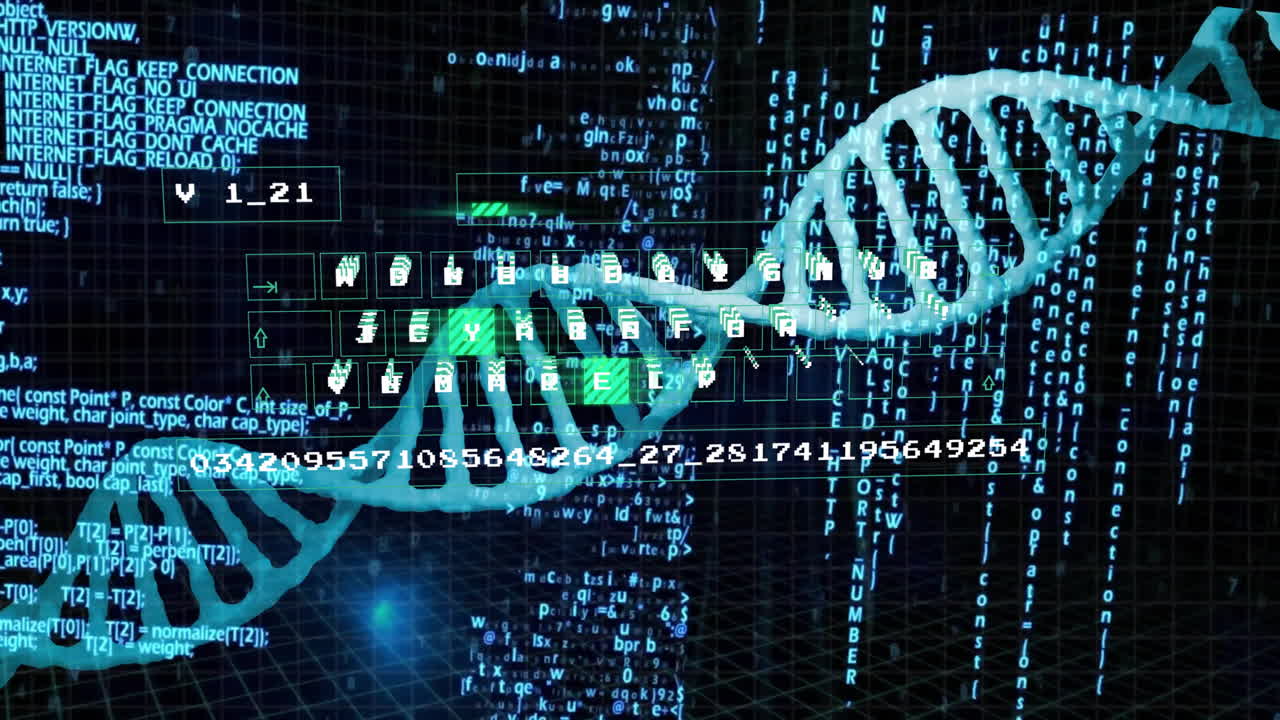 Animation of dna strand over data processing on black background