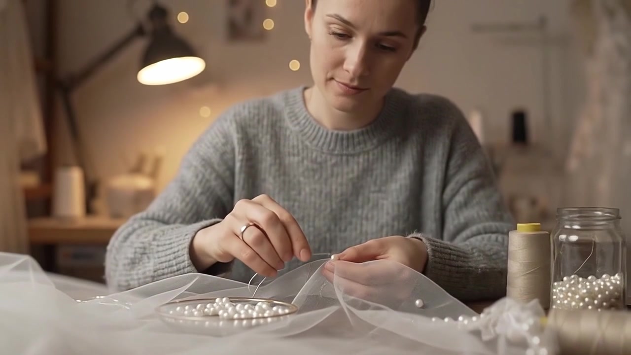Seamstress Sewing Pearls onto a Wedding Veil in a Studio