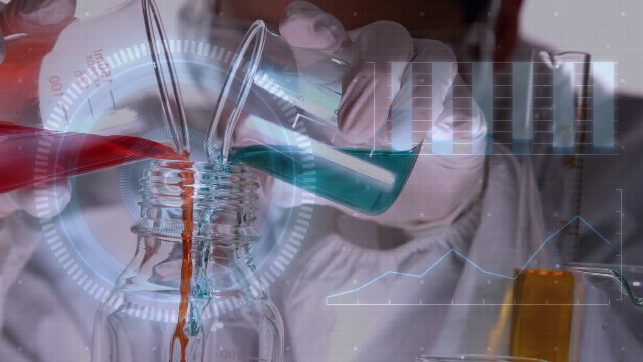 Animation of diverse data over lab worker pouring reagents into glass