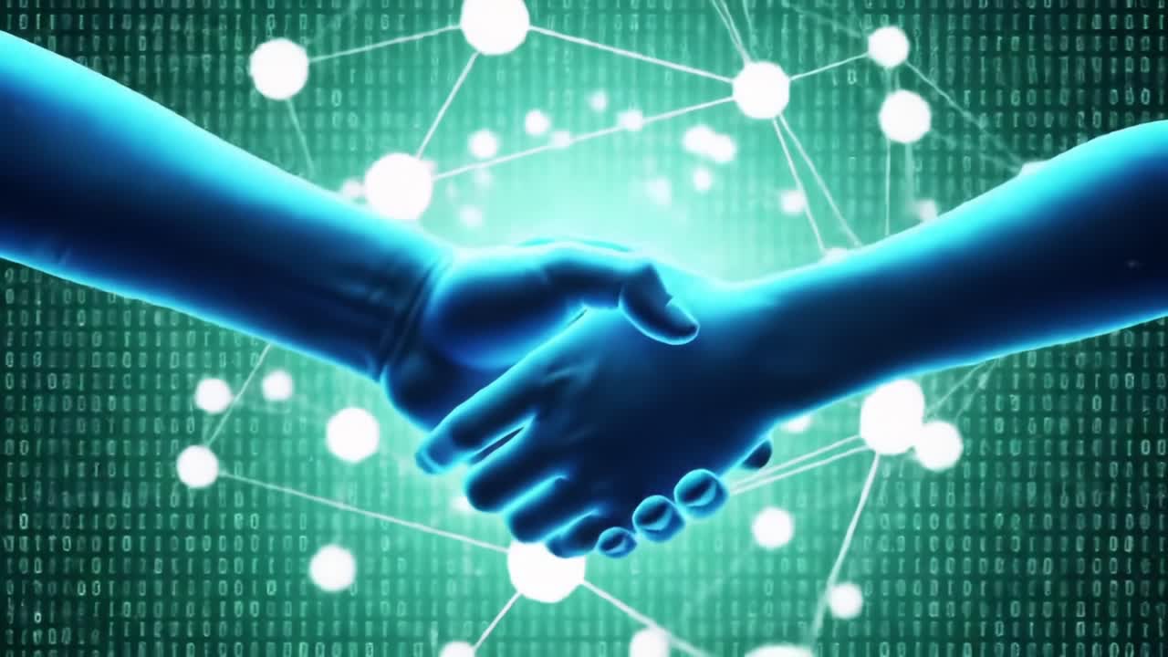 A Digital Handshake Symbolizing Collaboration and Trust in the Cyber World with Binary Code in the Background Representing Data Exchange and Connectivity