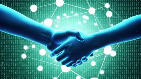 a digital handshake symbolizing collaboration and trust in the cyber world with binary code in the background representing data exchange and connectivity