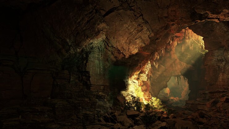 A dark cave with a light at the end of the tunnel