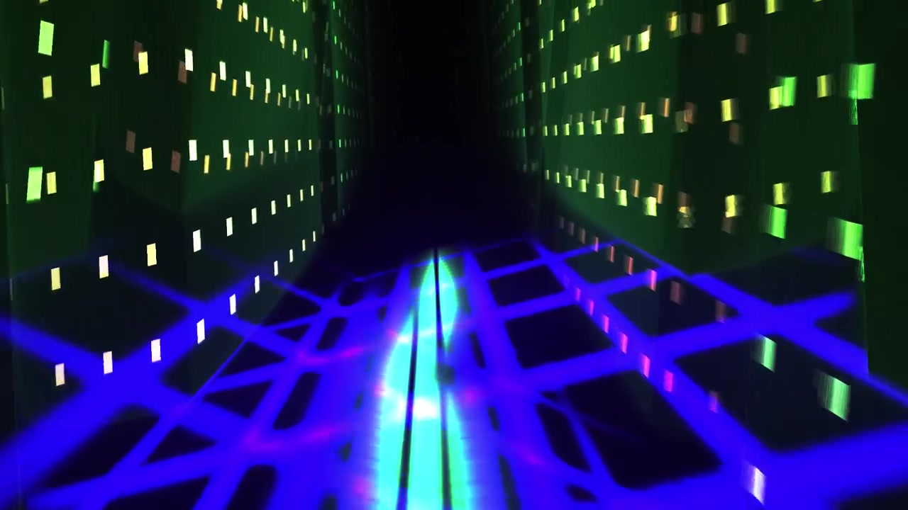 Flying Through a Futuristic Digital Tunnel with Glowing Neon Grid