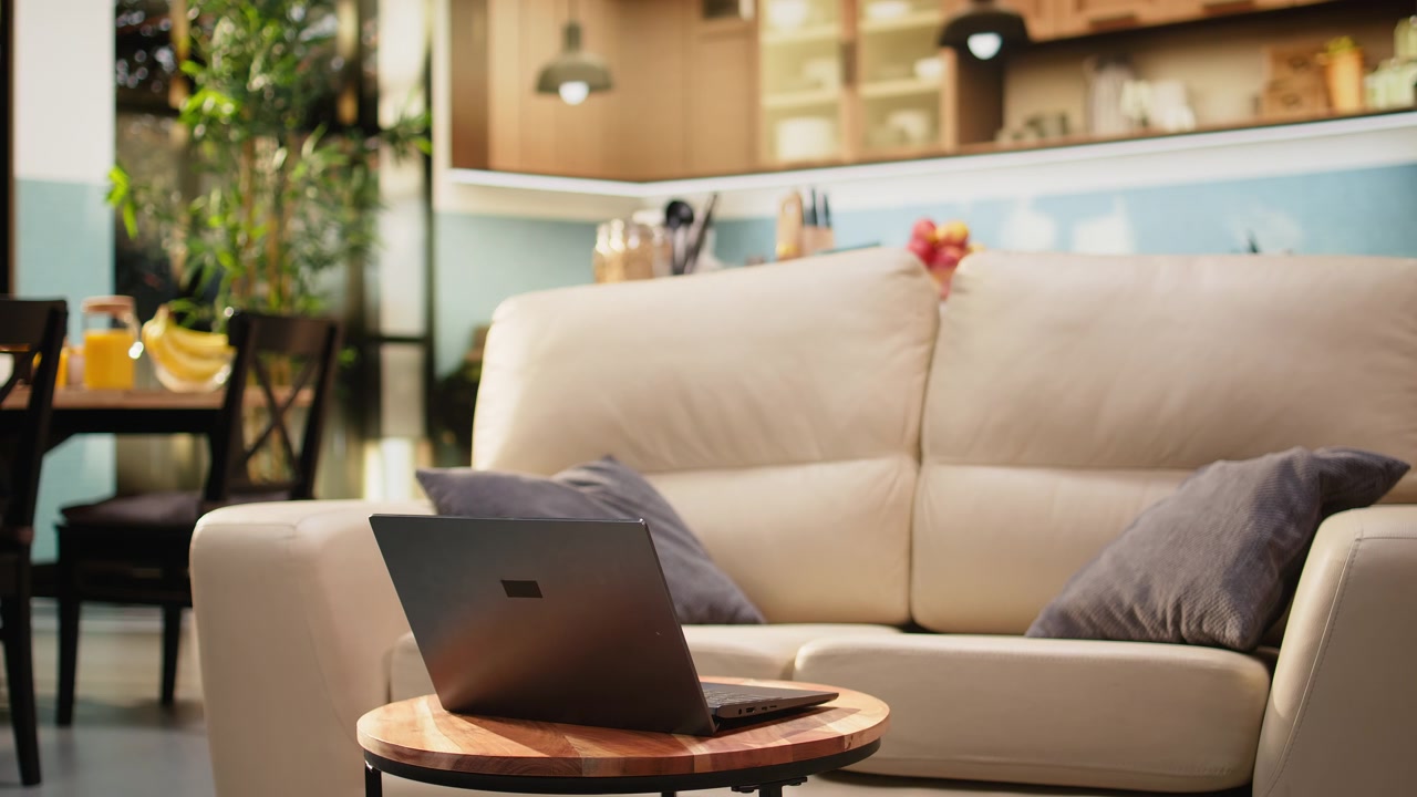 Empty living room open space with laptop on wooden coffee table