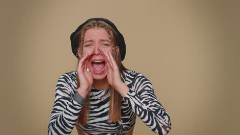 woman holding hands near mouth loudly screaming, shouting, yelling, announces discounts sale, hello