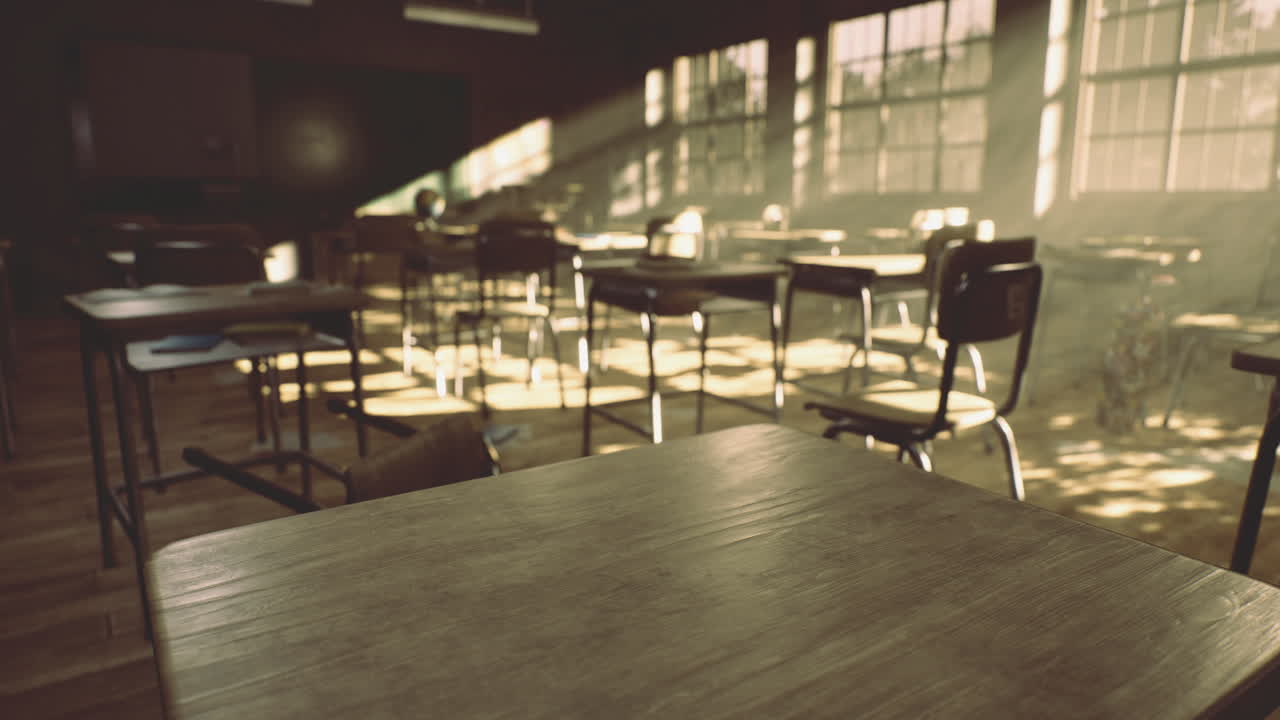 Illuminated classroom with wooden desks and sunlight streaming inside