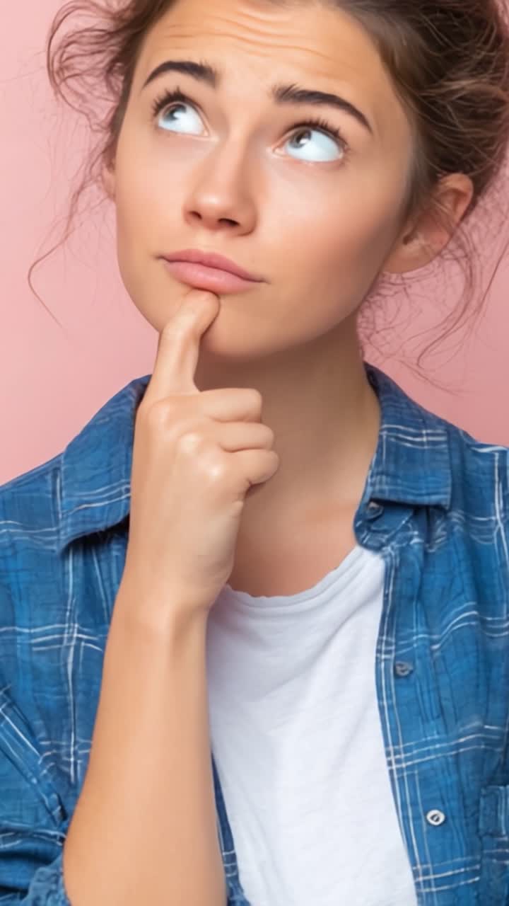 Momenti contemplativi: Una giovane donna immersa nei pensieri con un'espressione pensierosa contro uno sfondo rosa tenue