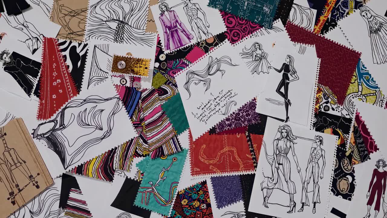 Top-down view of colorful fashion sketches and fabric swatches, showcasing a vibrant, artistic