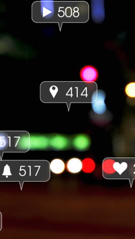 animación de iconos y números de redes sociales sobre semáforos desenfocados
