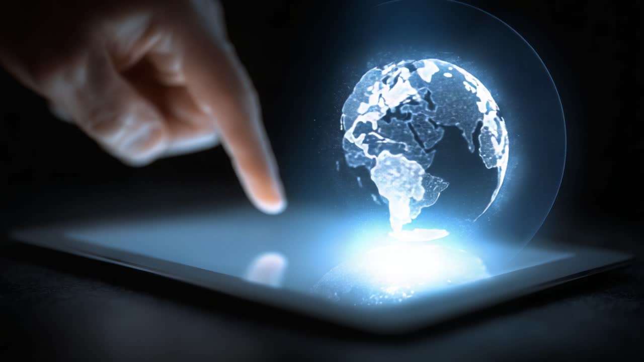 A Glowing Digital Projection of Earth is Interacted with by a Hand, Showcasing the Fusion of Technology and Global Awareness in a Dark Environment