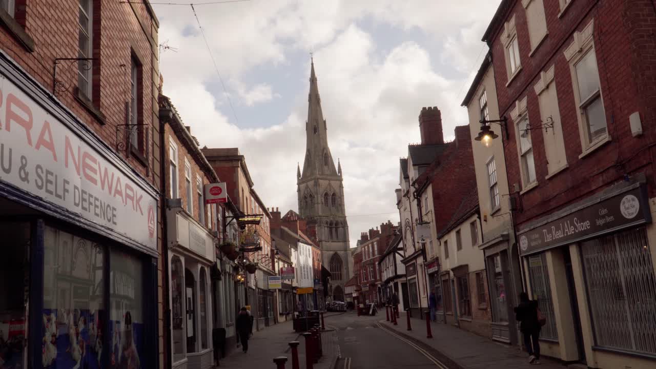 Newark-on-Trent High Street and Cathedral - Small British Town.