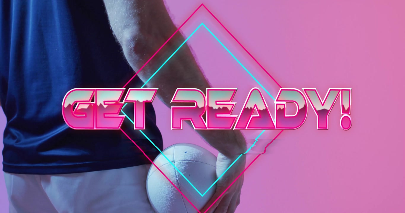 Athlete entering frame grabbing ball as neon fitness GET READY! text and diamond graphic pulsating