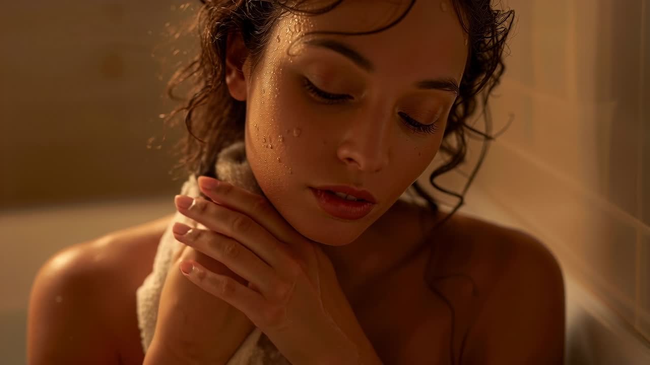Reagendo all'acqua che gocciola, una donna adulta si asciuga delicatamente collo e mento nella vasca da bagno con un asciugamano bianco.