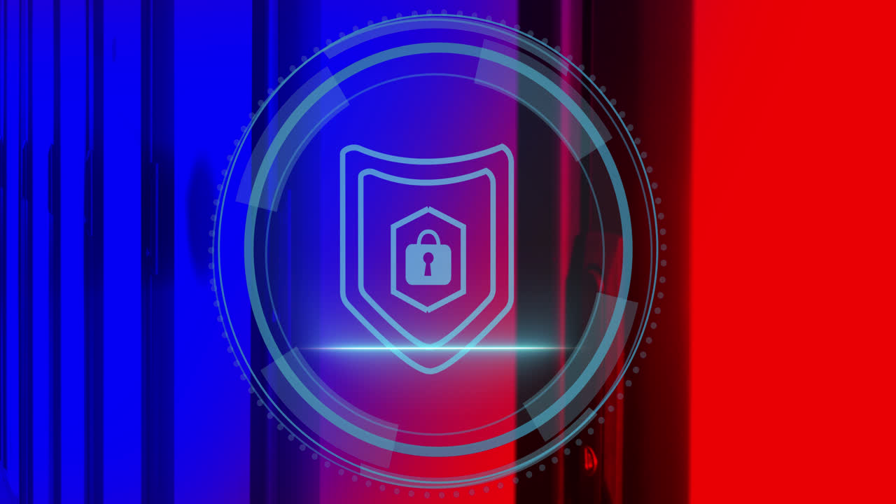 Animation of padlock icon over data processing and server room