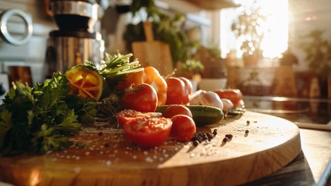 Arranging fresh vegetables and herbs on rustic wooden board, sunlight streaming across kitchen counter, highlighting colorful ingredients for cooking preparation