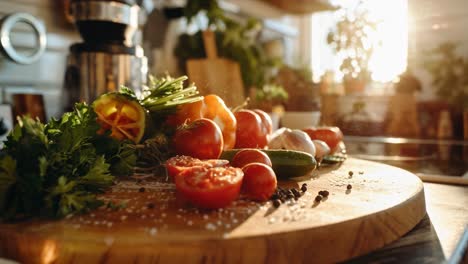 arranging fresh vegetables and herbs on rustic wooden board, sunlight streaming across kitchen counter, highlighting colorful ingredients for cooking preparation