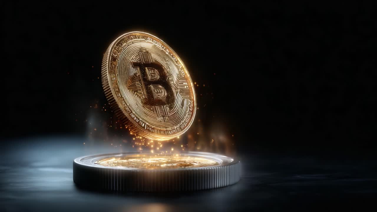 Captivating Visual of a Gold Bitcoin Floating Above a Shimmering Surface with Glowing Sparks, Symbolizing Digital Currency Innovation and Financial Freedom