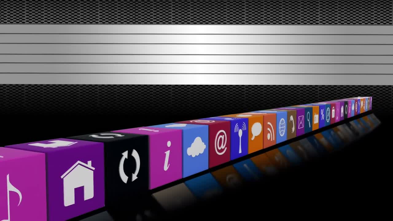 animación de una fila de iconos digitales sobre una superficie negra