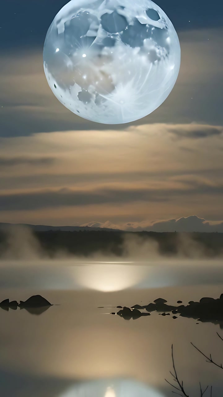Vídeo vertical: Lua luminosa descendo sobre um lago calmo com o passar do tempo, intensificando o brilho da água.