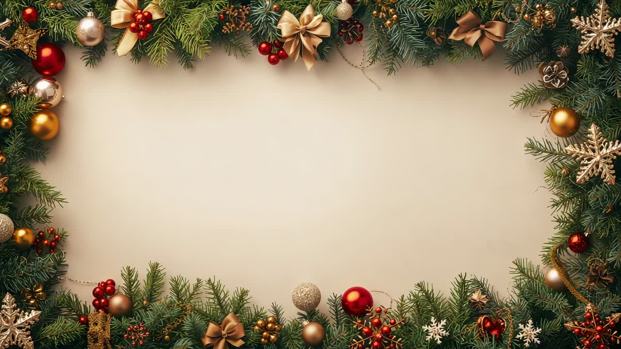 Displaying rectangular holiday garland border on cream backdrop, with pine branches and ornaments
