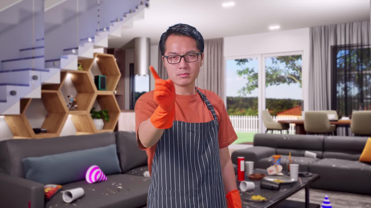 アジアの男性家政婦が家に立つ間に指を振っている