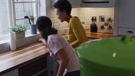 mixed race lesbian couple and daughter cleaning kitchen