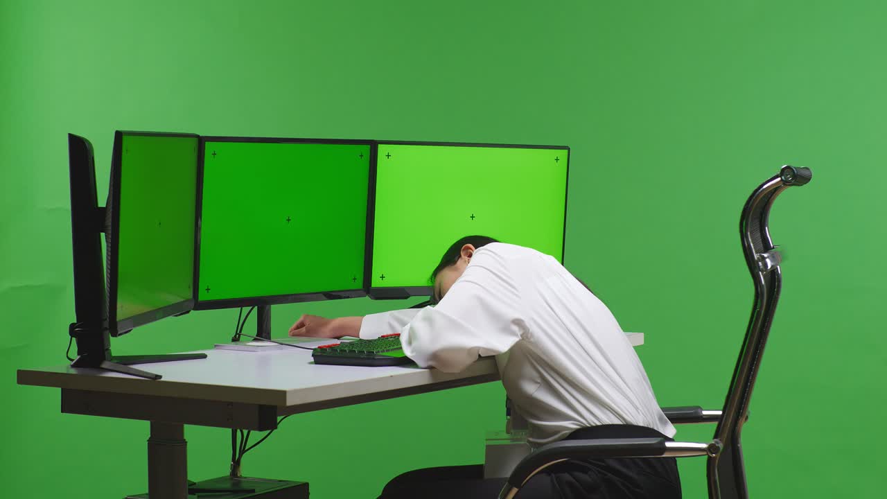 컴퓨터 앞 에서 잠들어 있는 직원