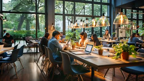 cozy cafe bustling with focused individuals working in the evening light