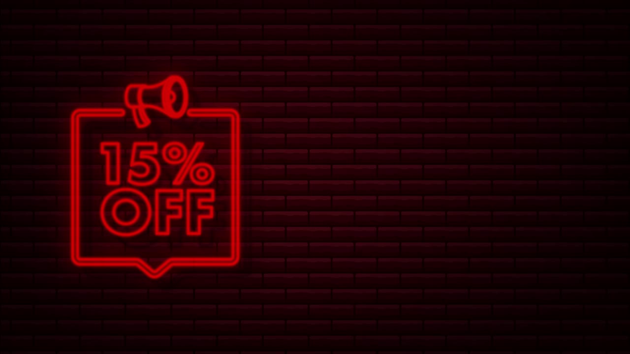 15 por ciento de descuento de venta banner con megáfono. etiqueta de precio de la oferta de descuento. 15 por cien de descuento promoción icono de neón. gráfico de movimiento
