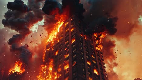 a tall building is engulfed by flames and smoke