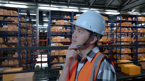 vista lateral de cerca de un ingeniero masculino asiático con casco de seguridad de pie en el almacén con estantes llenos de bienes de entrega. pensando en algo y mirando a su alrededor y luego levantando su dedo índice
