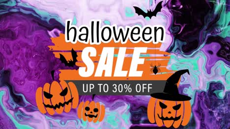 animation of halloween sale text, over swirling purple and green