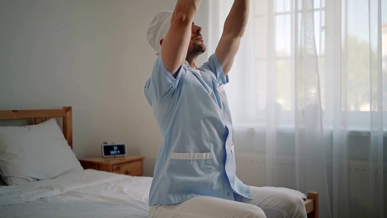 Medico in divisa blu che si allunga sul letto, con le braccia alzate sopra la testa, alla luce del giorno in una sala di recupero, orologio.