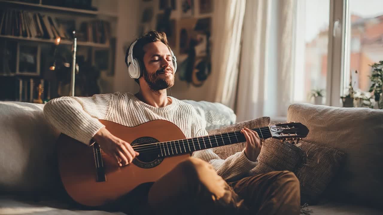 Man enjoys playing guitar while relaxing on a cozy couch at home