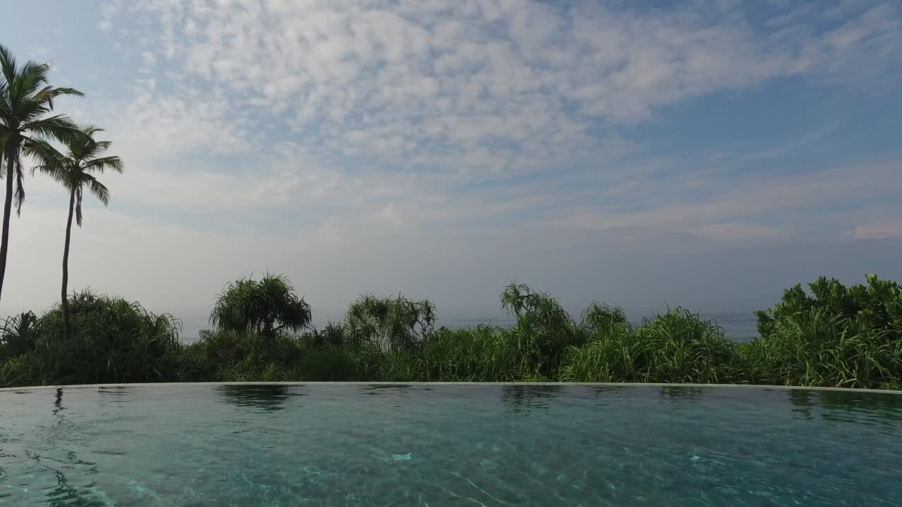 aussicht vom infinity-edge-pool zum ozean und den palmen