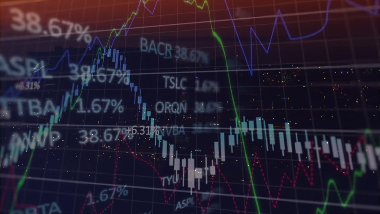 Dusk sky sparking overlay fading in drawing candles lines showing market trend view zooming