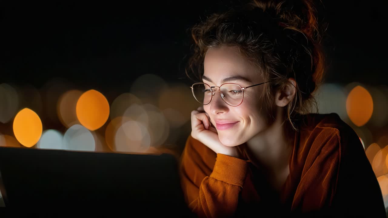 A Young Woman Enjoys a Nighttime Moment of Connection and Happiness while Watching Something Engaging on Her Laptop with a City Glow in the Background