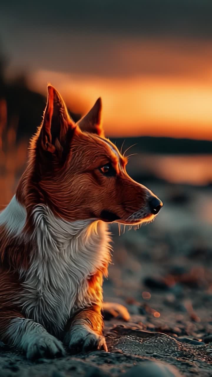 Un corgi sereno che si gode un tramonto pittoresco in riva all'acqua, mettendo in mostra il suo splendido manto e il suo comportamento calmo in un ambiente naturale e pacifico