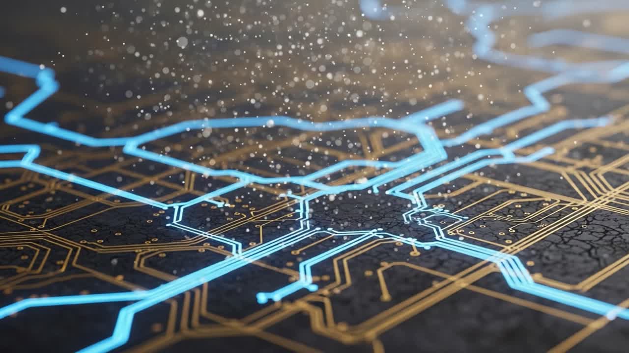 A Close-Up View of a High-Tech Circuit Board Featuring Glowing Blue Pathways and Glimmering Particles, Highlighting the Intricate Design of Modern Technology
