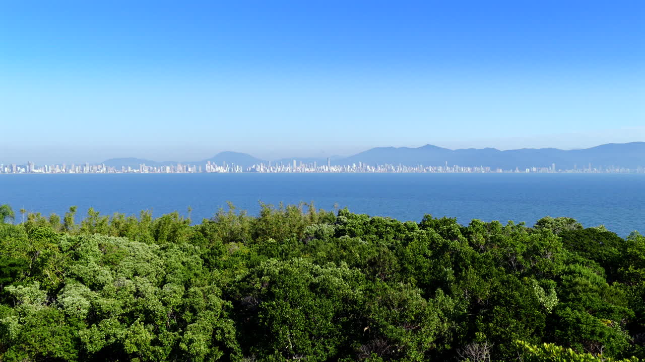Drone reveals the Itapema Brazil skyline stretching along the coastline with lush green vegetation in the foreground under a clear blue sky