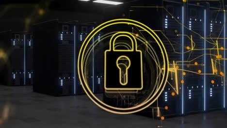 in server room, animation of digital padlock icon representing cybersecurity protection
