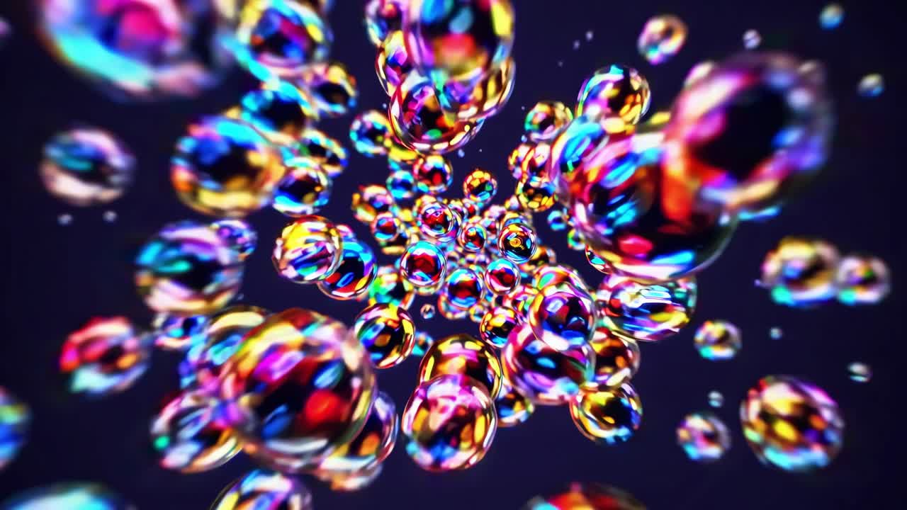 Colorful and shiny soap bubbles floating and swirling in dark space, creating a mesmerizing and hypnotic universe with vibrant and iridescent colors
