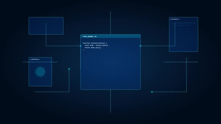 Digital Interface Displaying Programming Code in Futuristic HUD
