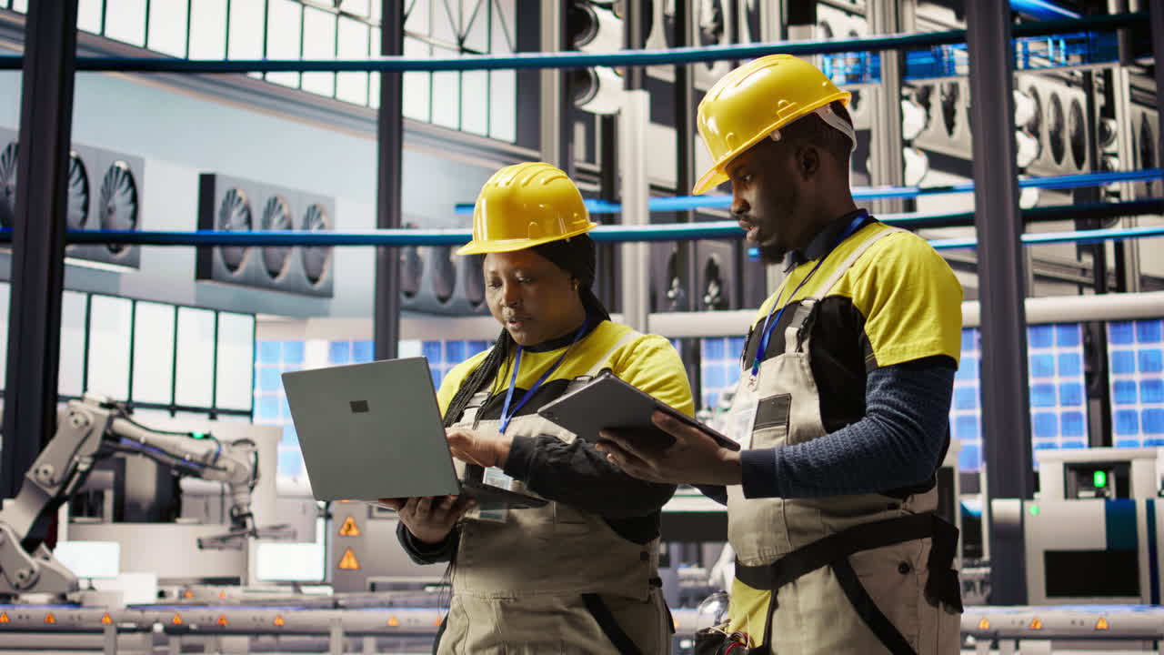 Vertical video Team of smart factory mechanics working together to test systems
