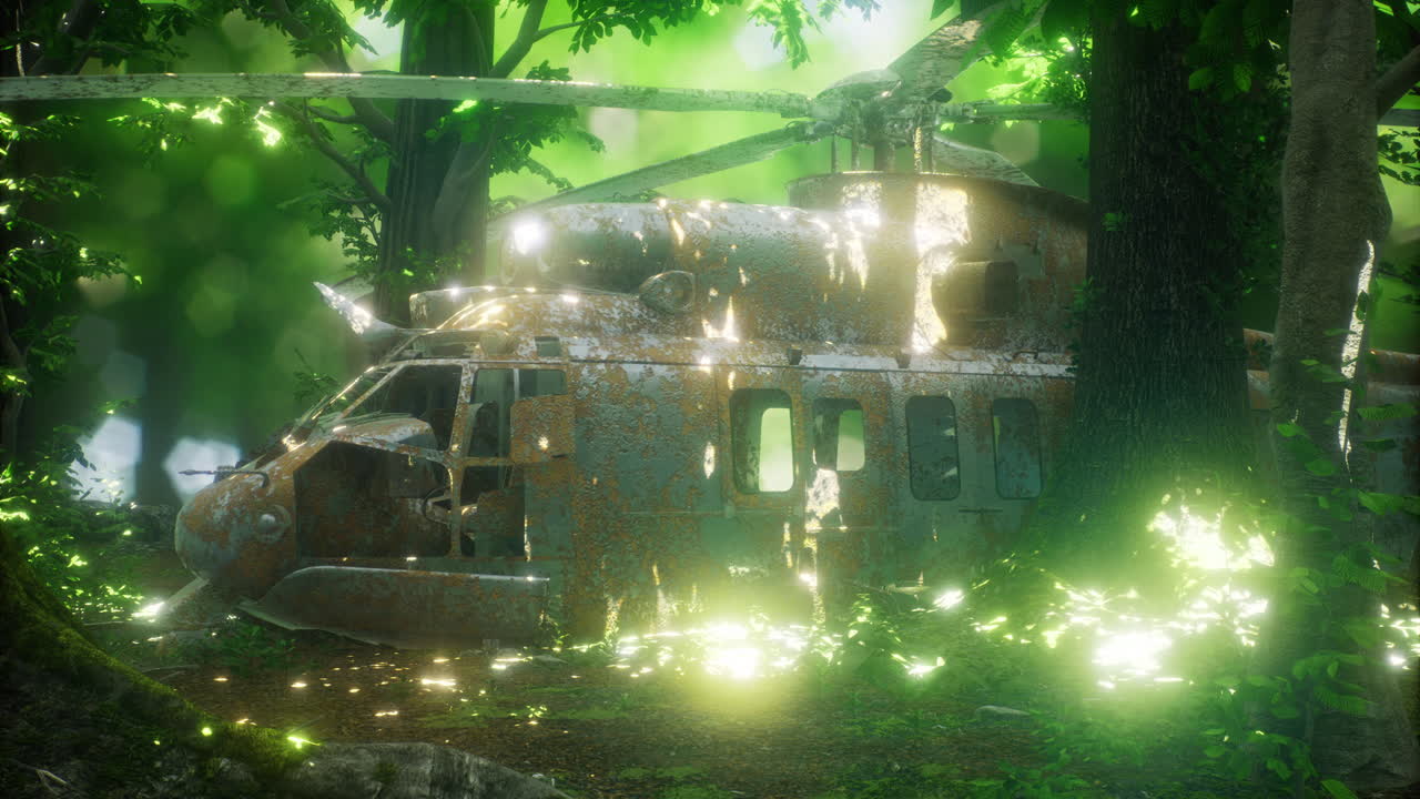 Amidst thick foliage an abandoned helicopter shows signs of decay and rust