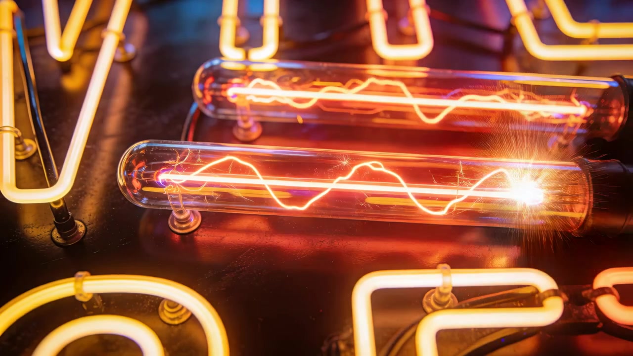 Showing two parallel neon tubes arcing at lower tube end, glowing over glossy backing with sparks